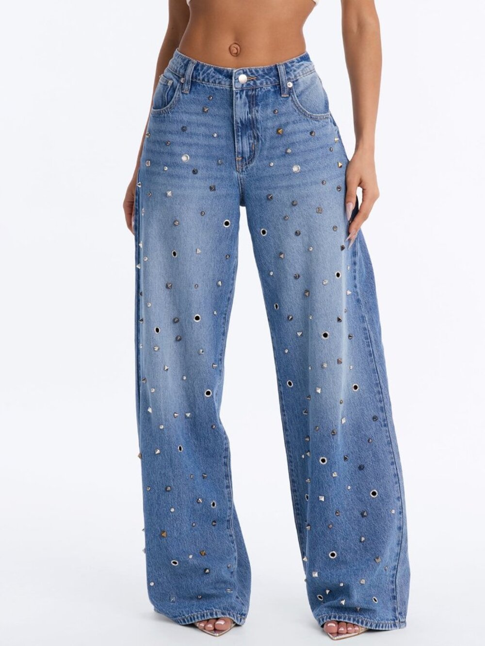 He Studded Embellished Wide Leg Jeans